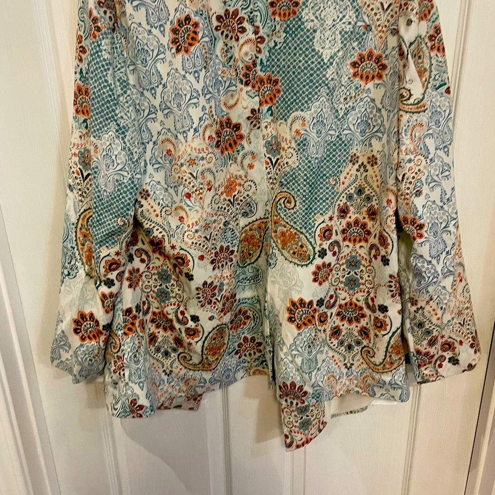 Chico size 2 12-13 Large Paisley lined Long Boyfriend Jacket.  Bust 44” poly